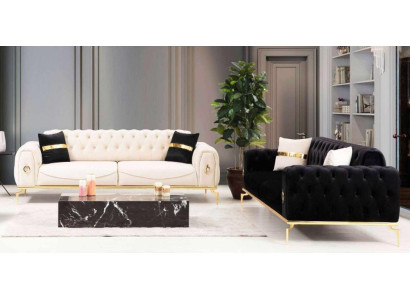 Sofa set luxury Chesterfield Seating group three-seater Black 3+3 Seat