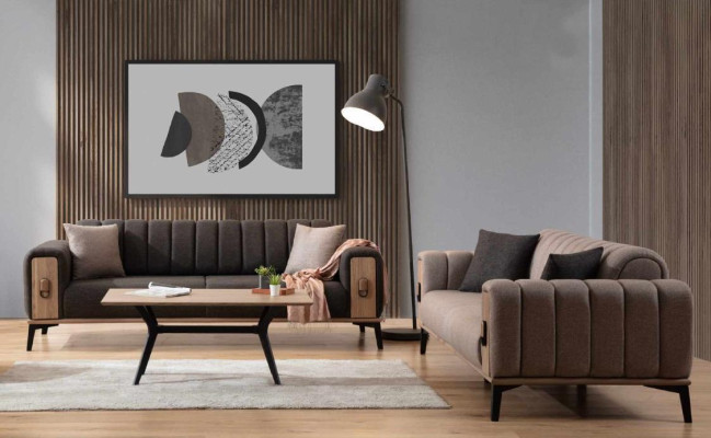 Brown couch set 2x three-seater luxury set furniture sofas couches wooden frame