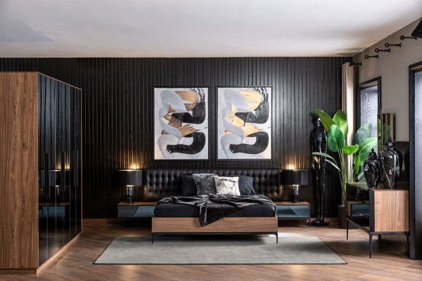 Bedroom Set Furniture Complete Set Black Bed Wardrobe Bedside tables 8pcs