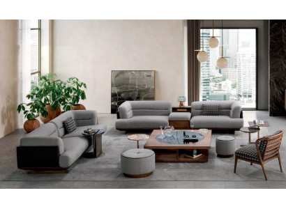 Luxury Living room Set Gray Sofa with Armchair 2x Stool Modern Design