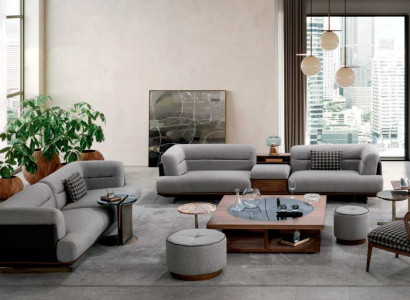 Luxury Living room Set Gray Sofa with Armchair 2x Stool Modern Design