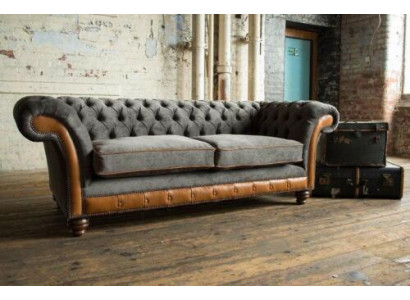 XXL Sofa 3 Seater Couch Chesterfield Upholstery Seat Suite Leather Textile new Grey
