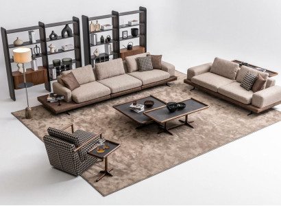 Brown Textile Sofa Set Living room Couche Three Seater Luxury Wooden Furniture