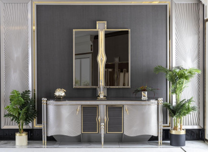 Dining room set gray sideboard beautiful mirror luxury design elegant modern 2 pieces.