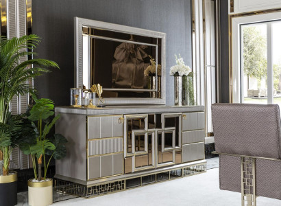 Dining room set gray sideboard mirror luxury beautiful design elegant new 2 pieces.