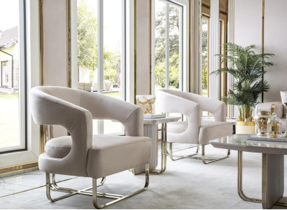 Living room Set Beige 2x Armchair White Side table Elegant Furniture new