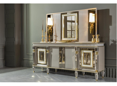 Dining room set white sideboard mirror elegant design metal luxury new 2 pieces.