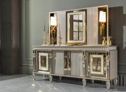 Dining room set white sideboard mirror elegant design metal luxury new 2 pieces.