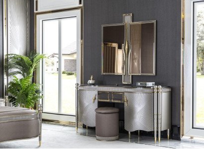 Bedroom Set Gray Dressing table Elegant Mirror Beautiful Stool Wood new 3-piece.
