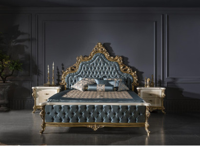 Classic s Chesterfield Bed Bedroom Set Blue 2x Bedside tables Gold 3-piece.
