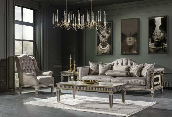 Living room set gray sofa set coffee table armchair elegant side table 4 pieces.