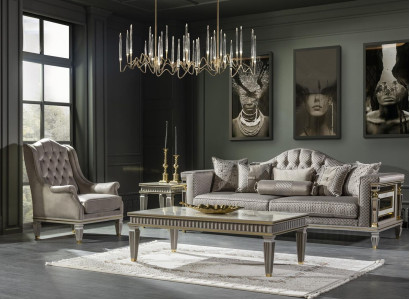 Living room set gray sofa set coffee table armchair elegant side table 4 pieces.
