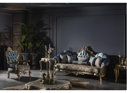 Living room Set Blue Sofa set Armchair 2x Side table Coffee table 5pcs.