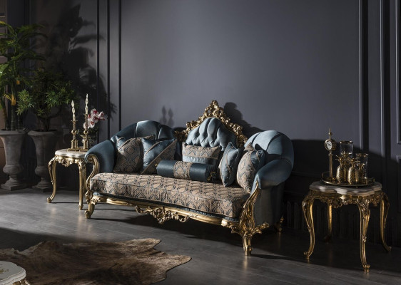 Living room Set Blue Sofa set Armchair 2x Side table Coffee table 5pcs.