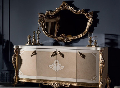 Dining room set beige sideboard beautiful mirror modern luxury design elegant 2-piece.