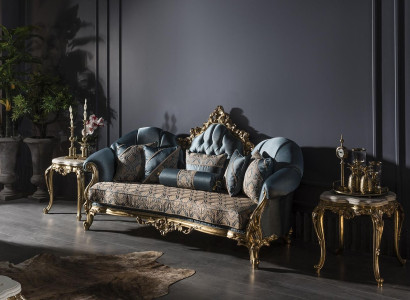 Living room Set Blue Sofa 3 Seater Elegant 2x Side table Design new 3-piece.