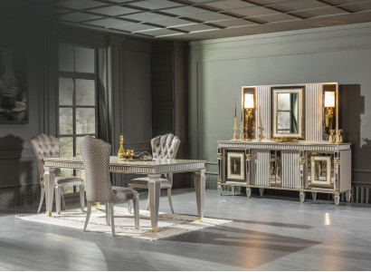 Dining room set gray 4x chairs dining table sideboard mirror elegant design 7 pieces.