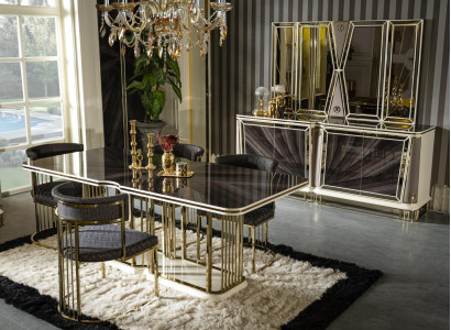 Dining room Set Gold 4x Chairs Dining table Chest of drawers Mirror Design 7pcs.