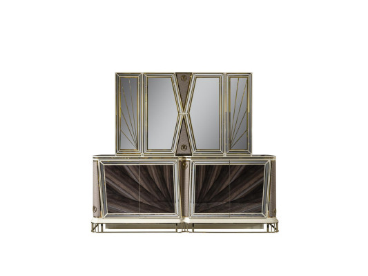 Dining room Set Gold 4x Chairs Dining table Chest of drawers Mirror Design 7pcs.