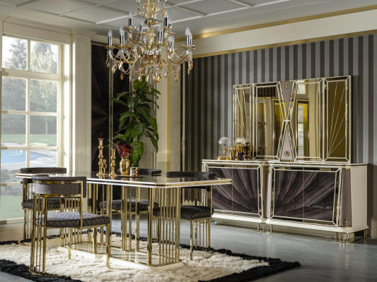 Dining room Set Gold 4x Chairs Dining table Chest of drawers Mirror Design 7pcs.