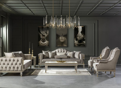 Living room Gray Sofa set 2x Side table Luxury Armchair Coffee table 7 pieces
