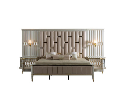 Luxury Bedroom Bed with 2x Bedside table Consoles Design Beds Upholstery 3pcs.