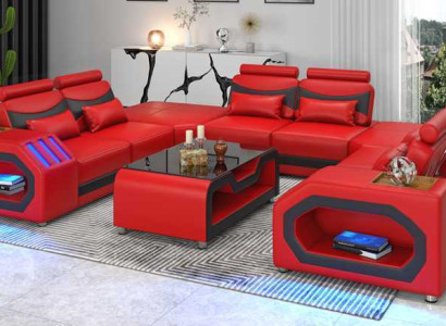 Design Living landscape Large sofa XXL U-shape Corner sofa Leather sofa Red LED