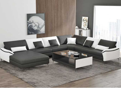 Living landscape Couches Leather sofa Corner sofa U-shape Black Sofa Big new