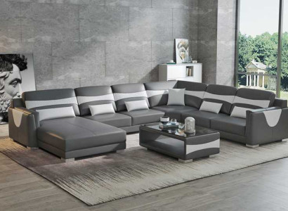 Living landscape Sofa U-shape Big Corner sofa Leather sofa Gray Imitation leather new