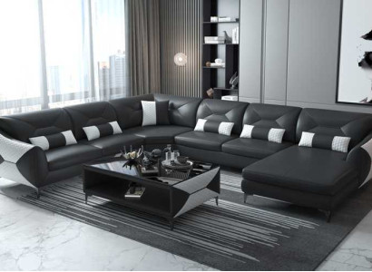 Big Living landscape Sofa U-shape Corner sofa Leather sofa Black Imitation leather