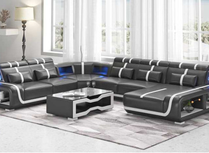 Living landscape XXL Sofa U-shape Big Corner sofa Leather sofa Black Sofas