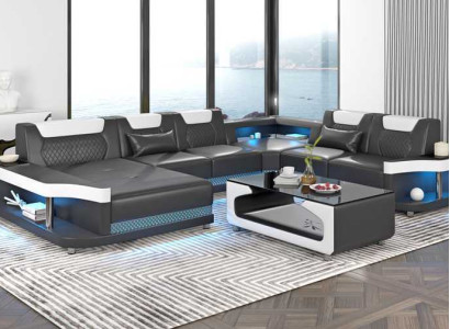 Large sofa Living landscape LED XXL U-shape Corner sofa Leather sofa Black