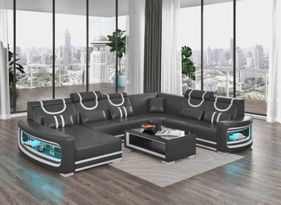 Living landscape Couches Leather sofa Corner sofa U-shape Black Sofa Big new