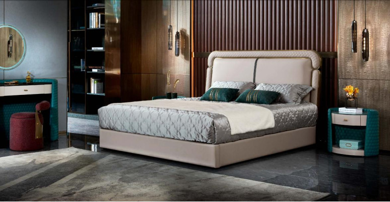 Bed 2x Bedside table Beige Bedroom Modern Design Furniture Wood Luxury