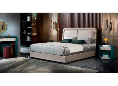 Bed 2x Bedside table Beige Bedroom Modern Design Furniture Wood Luxury