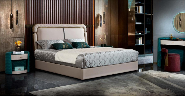 Bed Bedroom Beige Double bed Leather Bed Modern Design Furniture Wood