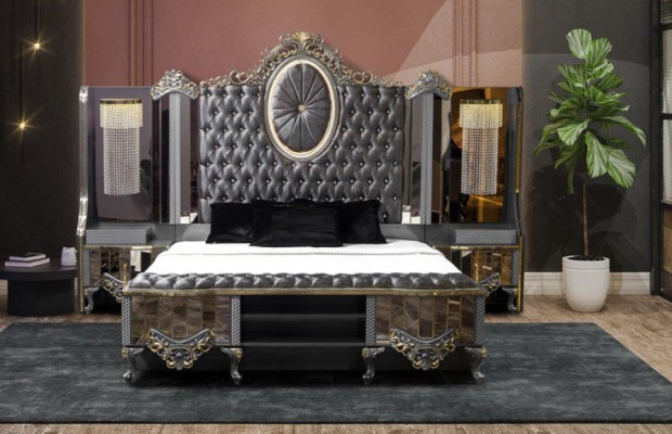 Suite Bedroom Double Luxury Bed Classic Black Set 4pcs