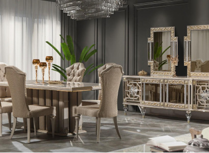 Luxury Dining set Dining room Dining table Chairs Beige Set 7pcs Wood