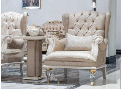 Chesterfield Armchair Wing Chair Fabric Beige Living room Furniture 1 Seater Baroque