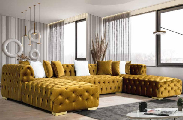 Corner sofa Sofa Living landscape Couch U-shape Wood Bed function Textile Modern Yellow