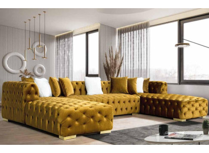 Corner sofa Sofa Living landscape Couch U-shape Wood Bed function Textile Modern Yellow