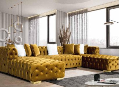 Corner sofa Sofa Living landscape Couch U-shape Wood Bed function Textile Modern Yellow