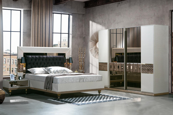 Bedroom Set Bed 2x Bedside tables Textile Wardrobe Modern 4-piece.