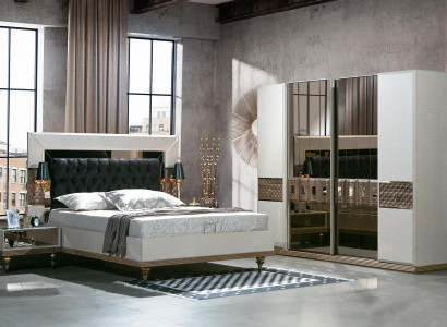 Bedroom Set Bed 2x Bedside tables Textile Wardrobe Modern 4-piece.