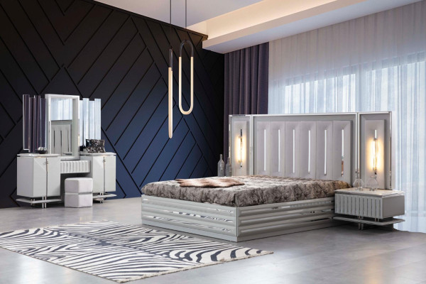 Luxury bedroom set 4 pieces. Bed + 2x Bedside table Chest of drawers Modern Design Beds