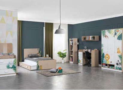 Bedroom Childrens room Set Bed Desk Wardrobe Wood Furniture 5pcs