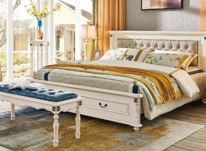 Elegant double bed with luxurious wooden design and padded headboard