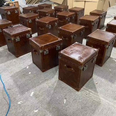 Side table Vintage Leather Cube Chest Coffee table Sofa Living room Table Suitcase