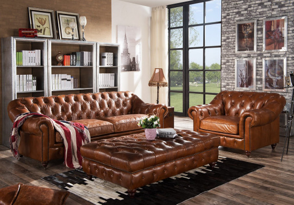 Vintage Chesterfield Sofa set Upholstery Couch Sofa Leather 3+1 Seater Set 2pcs.