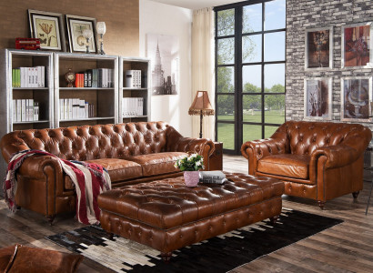 Vintage Chesterfield Sofa set Upholstery Couch Sofa Leather 3+1 Seater Set 2pcs.